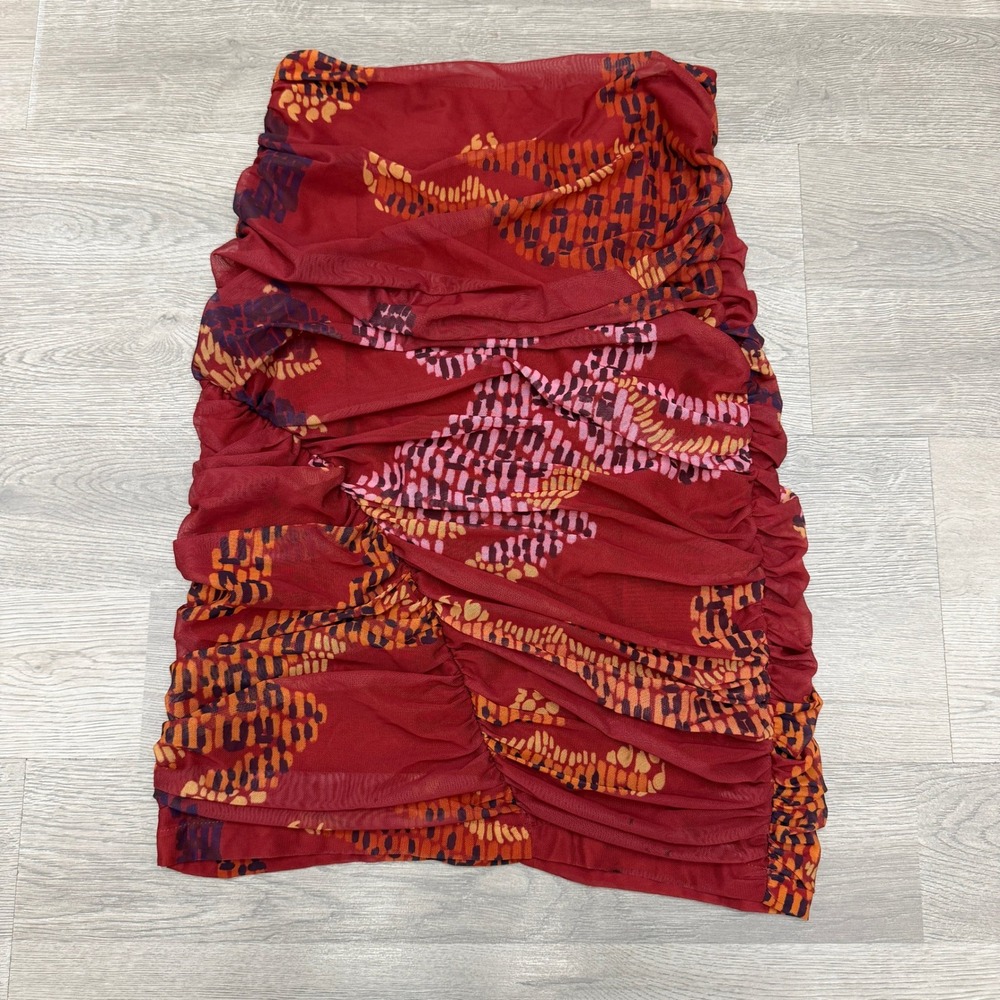 Farm Rio x Anthropologie Ruched Mesh Mini Skirt Red Abstract Print XXS